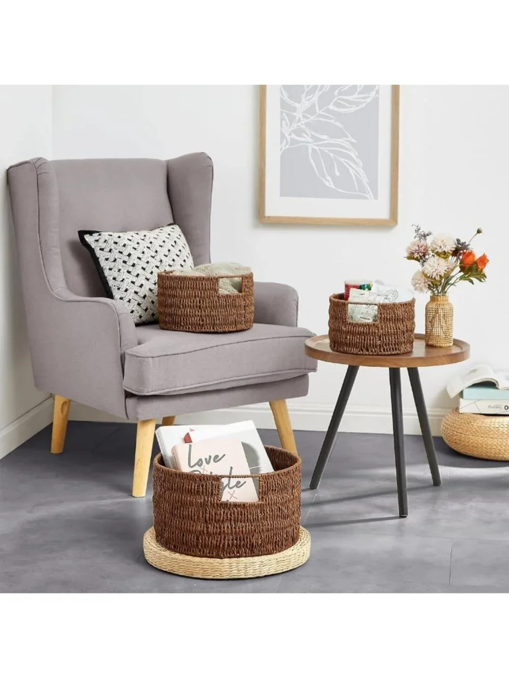 Hand-Woven Wicker Storage Baskets with Handles - Large Round Organizing Bins